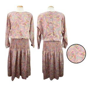 Ursula of Switzerland Pink Paisley Maxi Dress Buttons Back‎ Stretch Polyester 12